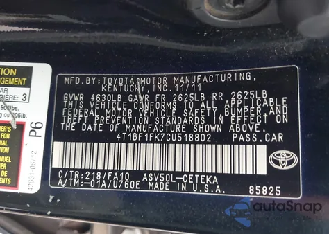 2012 Toyota Camry L from USA, damaged, VIN 4T1BF1FK7CU518802